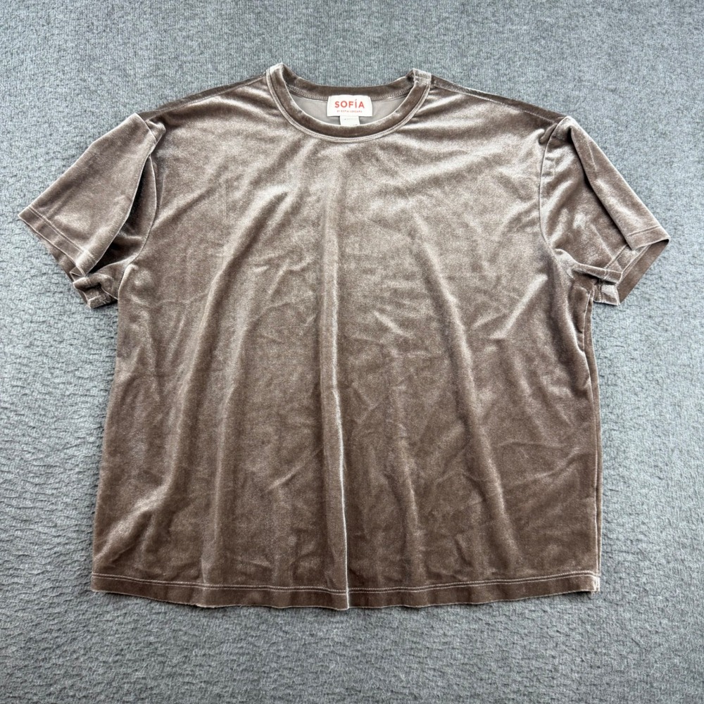 Sofia by Sofia Vergara Velvet T-Shirt Women's Small 4-6 Taupe Brown Short Sleeve